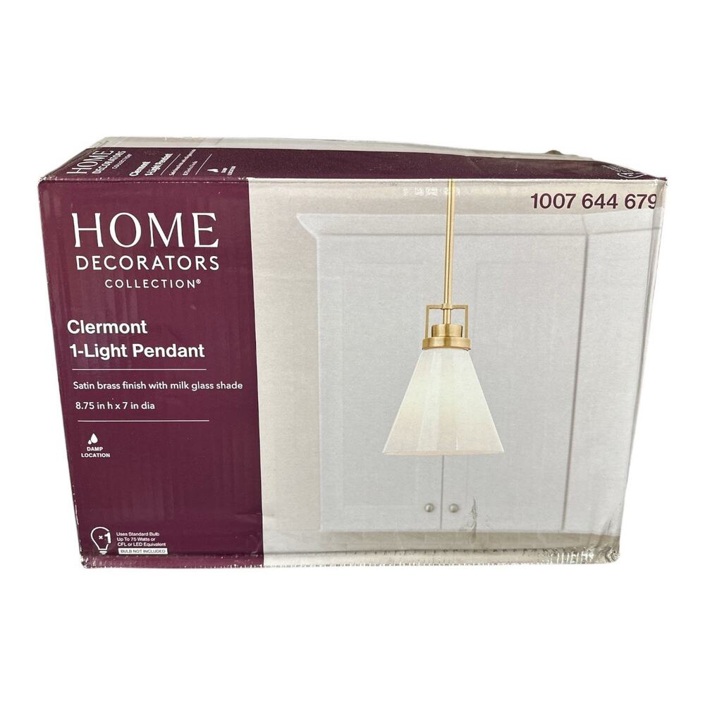 HOME DECORATORS Clermont Satin Brass Kitchen Pendant Light, Milk Glass Shade